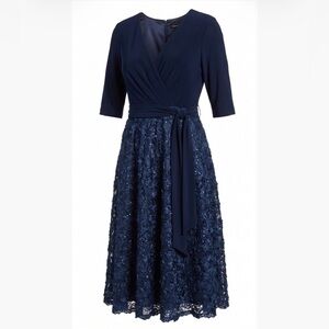Navy Midi Dress with Floral Overlay